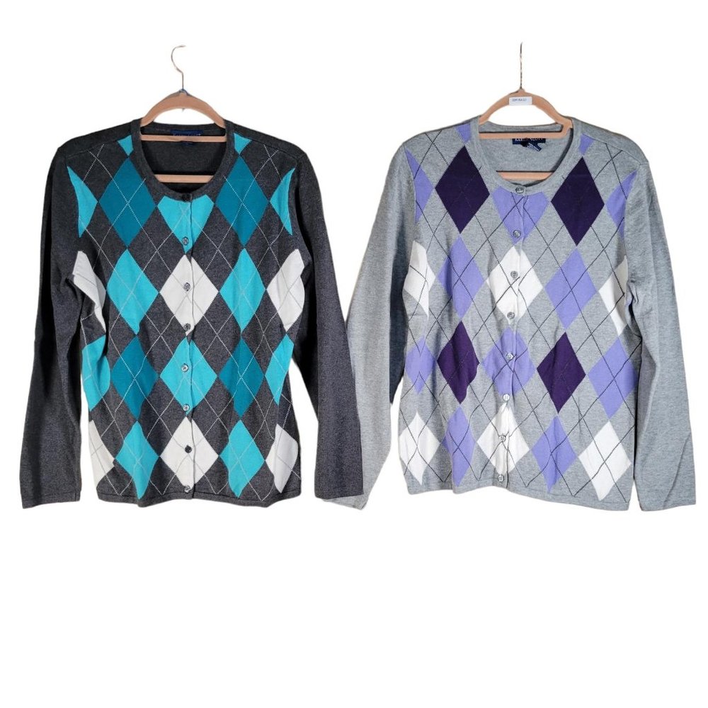 Karen Scott Lot of 2 Argyle Gray Multicolor Cardigans Sweaters Women Size M
